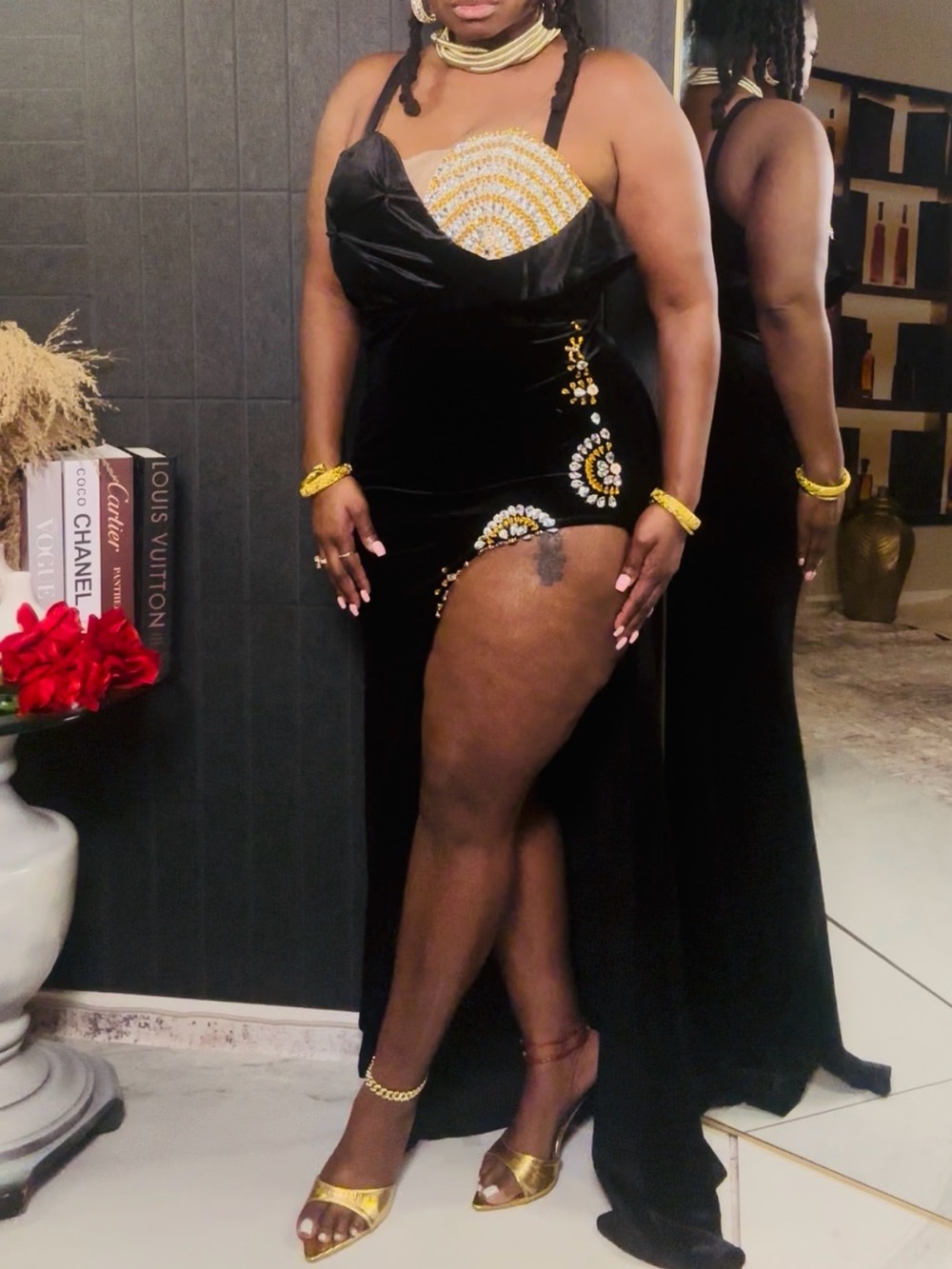 Black Velvet Evening Dress with Gold Beaded Accents